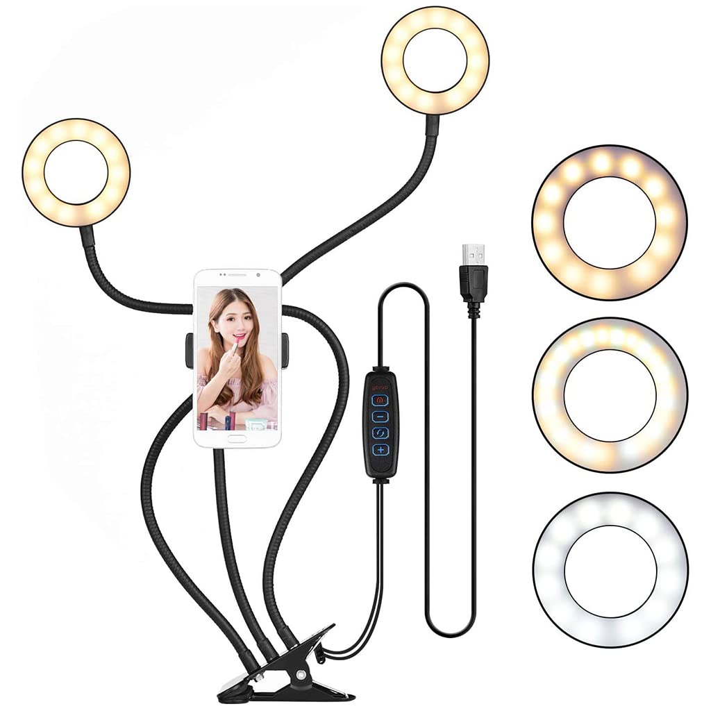 ZORBES® Light for Video Shooting, 2 in 1 USB LED Selfie Light Dual Ring Light for Video Shooting, 360° Rotatable Ring Light Phone Holder Phone Stand Clip-on Video Light Ring Light with 3 Colors 10 Brightness