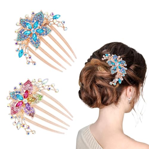 SANNIDHI® 2Pcs Hair Combs Side Combs for Women Slide Combs 3.3 Inches Floral Rhinestone French Rose Golden Alloy Hair Accessories for Hair Bun