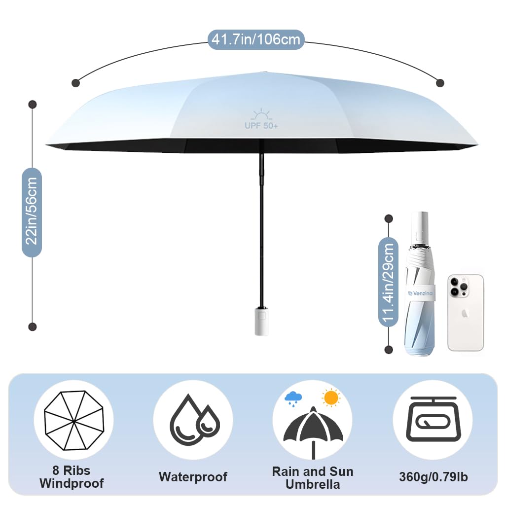 Venzina Sun Umbrella for Travel and Outdoor Use with UPF 50+ Protection | Automatic One Touch Design and Fiberglass Ribs in Gradient Light Blue