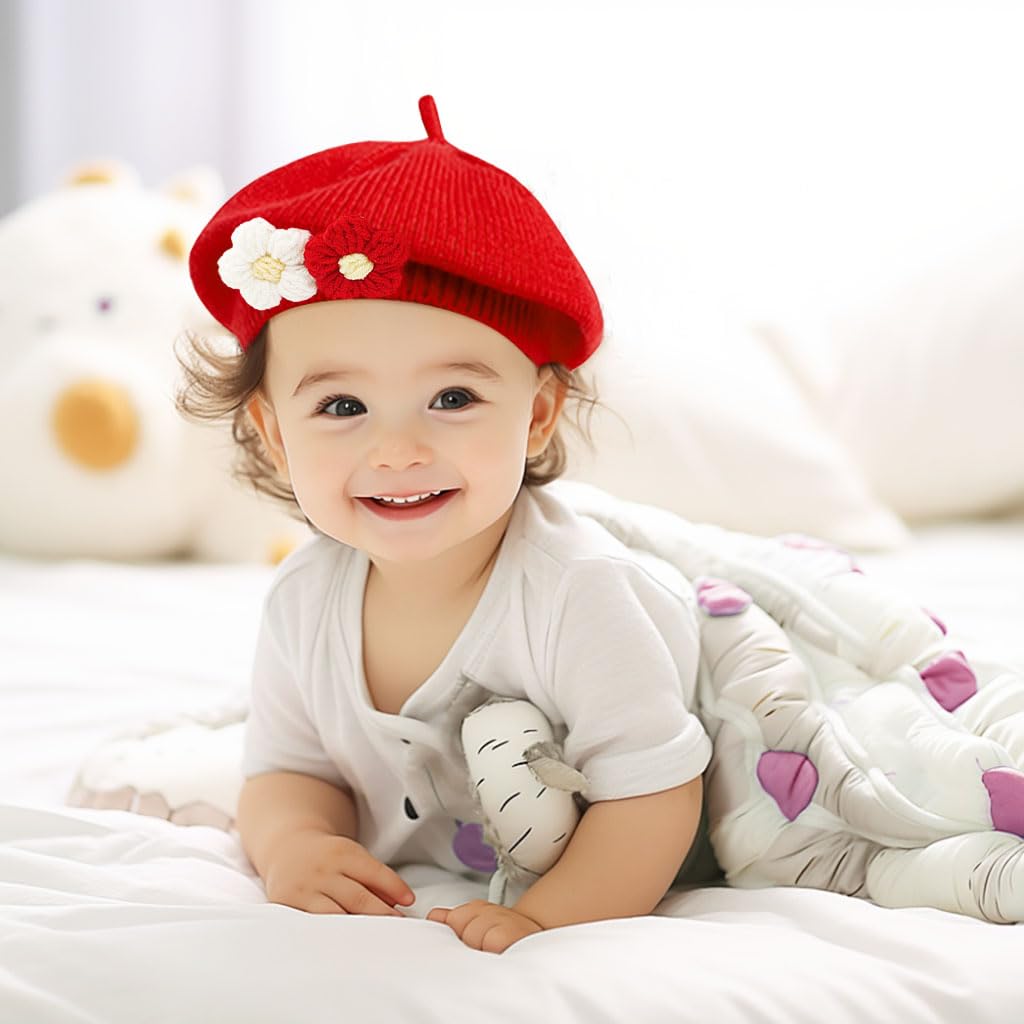 SNOWIE SOFT Cotton Knitting Flower Winter Cap for 6–30 Months Baby Girls in Red | Cozy Beret Gift