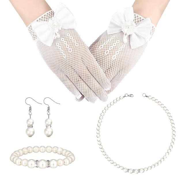 SNOWIE SOFT® 4Pcs Girls Jewelry Dancing Party Dressing Kit Lace Bow Gloves Jewelry Set with Pearl Earrings, Pearl Necklace, Bracelet Girls Jewelry Lace Gloves Kit for Ball, Party