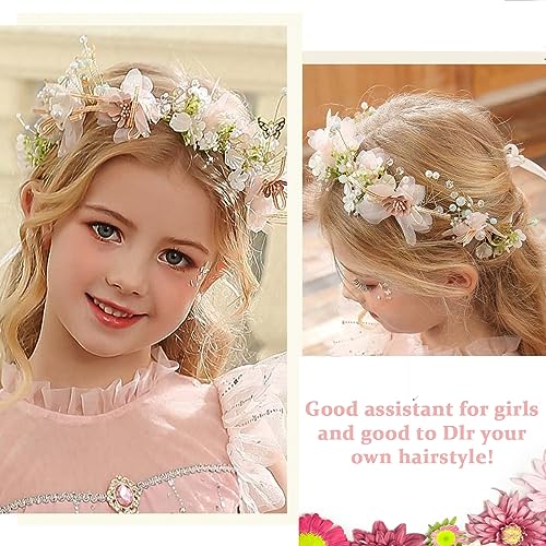 SANNIDHI® Flower Crown for Girls Princess Tiara for Girls Kids Wedding Bridal Floral Hair Band for Women Handmade Pearl Crown Headpiece Dress Up Hairband for Birthday Party First Communion Gift