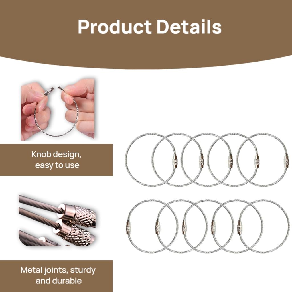 ZIBUYU Braided Steel Locking Wire Loops for Luggage Tags and Keychains featuring Screw Lock 10 Pcs 1.5mm Stainless Steel