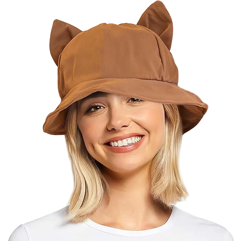 PALAY® Bucket Hat for Women and Girls Cute Cat Ear Cap for Women Summer Breathable Wide Brim Sun Hats for Women Brown Beach Hat Adjustable Fisherman Bucket Hat for Travel, Camping, Daily Activities