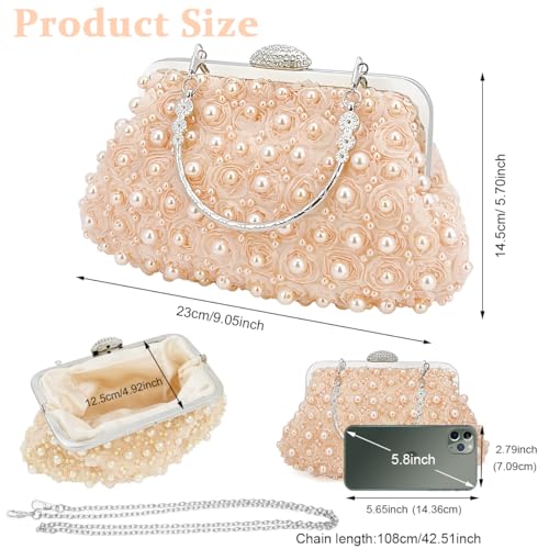 PALAY® Fashion Women Evening Bag Handbag Elegant Pearl Rose Clutch Bag with Detachable Metal Handle Evening Bag Evening Handbag for Banquet, Prom, Party