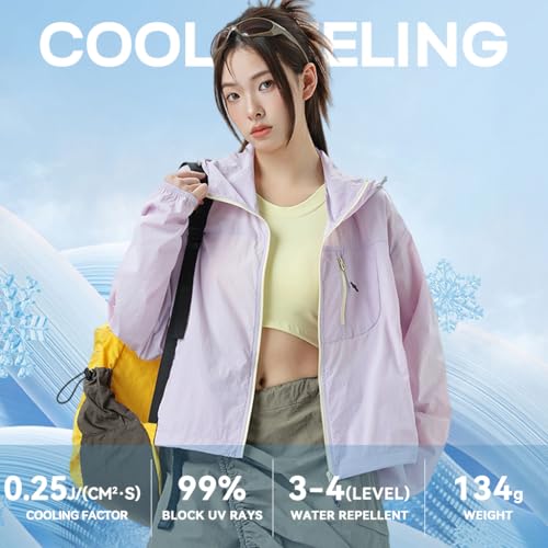 Venzina® UPF 50+ Sun Protection Jacket Stylish Cropped Sunscreen Top for Women Ultra-light Quick Dry Hoodie with Back Air Vent & Chest Zip Pocket, Water-Proof UV Coat for Outdoor, Light Purple, L