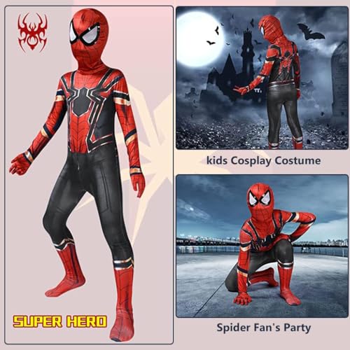 GUSTAVE® Spiderman Costume For Kids 3D Prints Spider Man Set 10-12 Years Gift Party Halloween Size M Suggest Height 145-155Cm Black Red Down 2 PCS