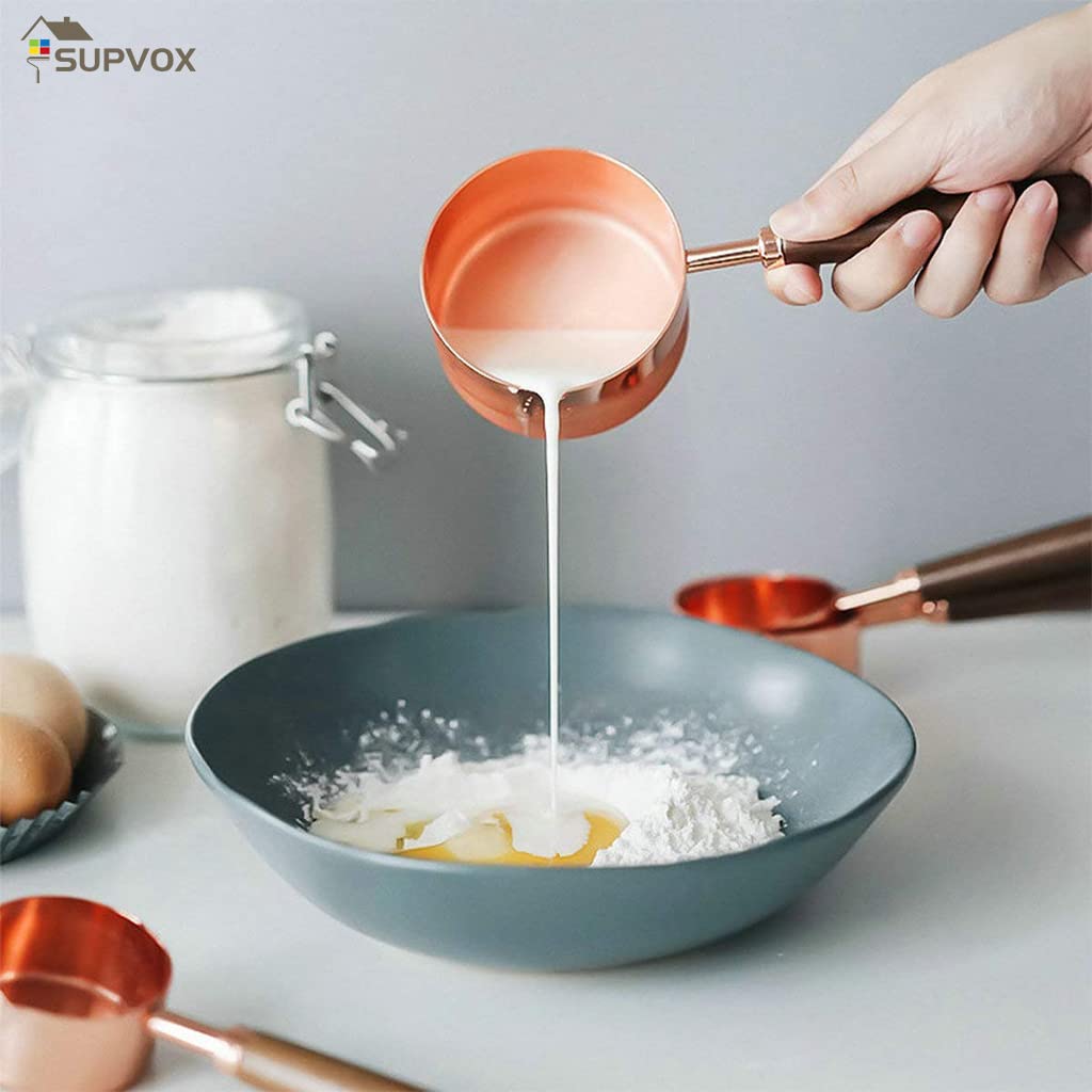 Supvox Measuring Cups and Spoons Set for Cooking and Baking with Walnut Handles and Engraved Markings | 8pcs Stainless Steel Rose Gold Finish