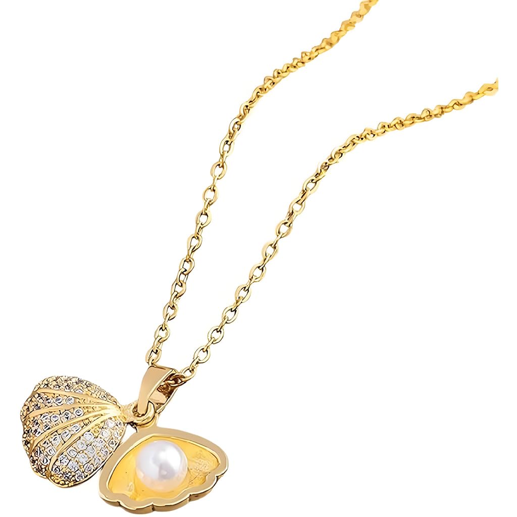 Zibuyu Oyster Pearl Necklace for Women with Openable Seashell Pendant and Rhinestones | Elegant Gift Jewelry