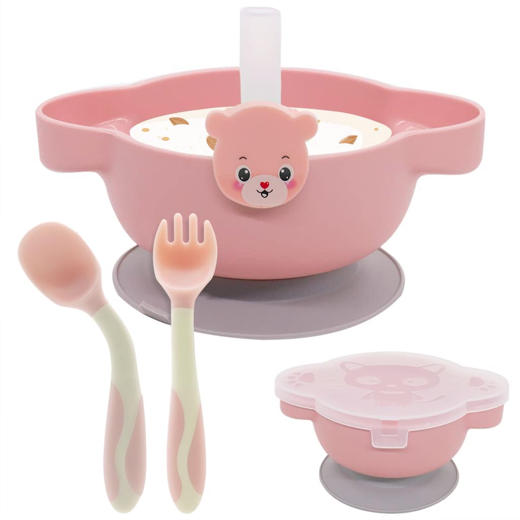 SNOWIE SOFT® Suction Plates for Baby Divided Plate with Cover, Fork, Spoons and Straws- Suction Cup Bowl, Set- Self Feeding for Toddler -Training Dinnerware 4-Piece Set - BPA Free