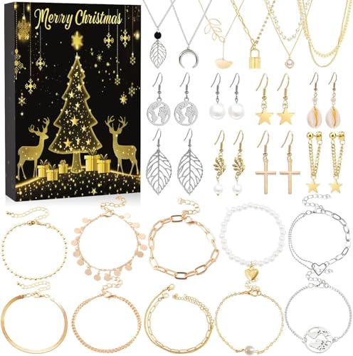 HASTHIP® Advent Calendar Charm Bracelets for Girls, 24 Days Christmas Countdown Calendar with Rose Gold DIY Bracelets Jewelry Making Kit for Xmas Gift Kids Teens Adults