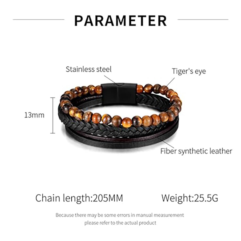 Zibuyu Leather Bracelet for Men with Tiger Eye Beads and Braided Design | Adjustable Gift Accessory
