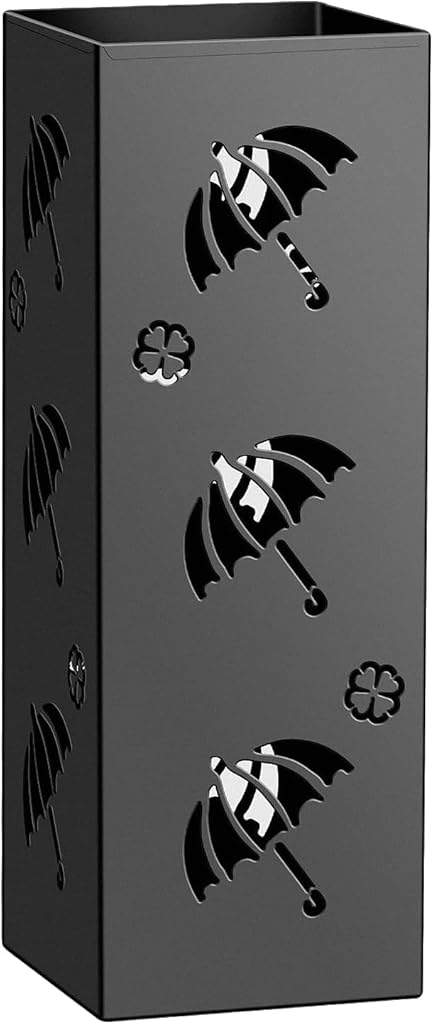 HASTHIP® Metal Umbrella Holder Stand,16x16x42cm Black Umbrella Storage Rack with Cut-Out Clover Patterns,Decorative Indoor Organizer for Entryway or Office