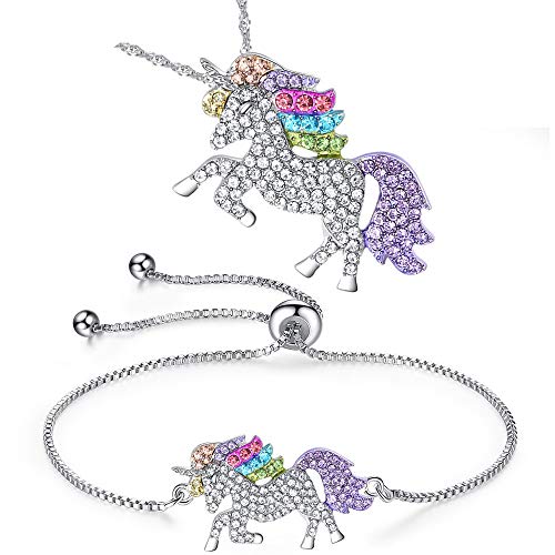 SANNIDHI® 2PCS Colorful Unicorn Bracelet Necklaces Set , Fashion Zircon Unicorn Necklace Pendant Birthday Gifts for Girl Woman