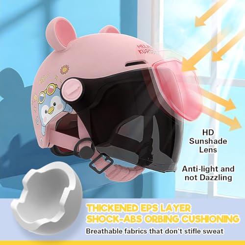 Proberos® Kids Bike Helmet for Boys & Girls Ages 3-12, UV400 Sun-Proof Goggle Lightweight Cartoon Bike Helmet with Detachable Ear Guards, Adjustable Chin Strap, Cushion Liner Design, Pink