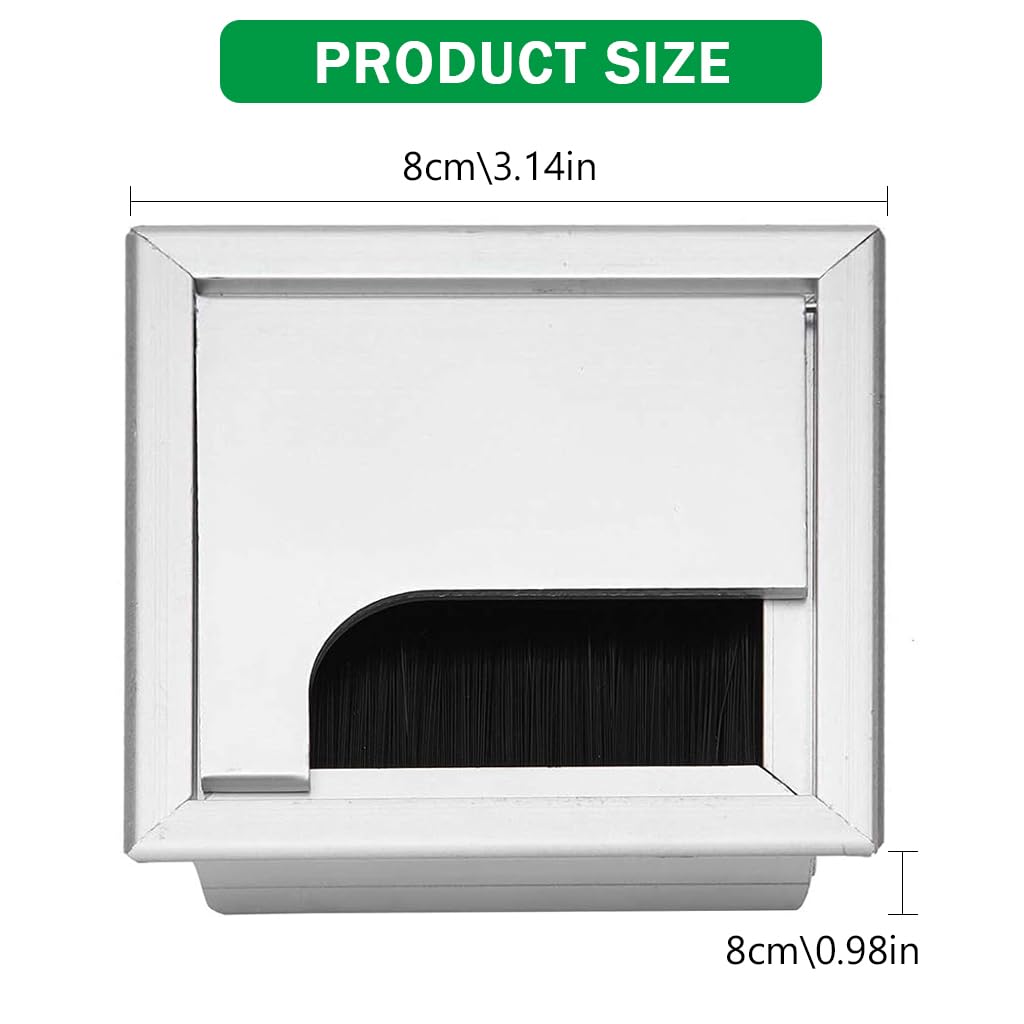 HASTHIP Desk Cable Management Hole Cover for Office Organization with Flip Lid & Brush 80x80mm Aluminium Silver