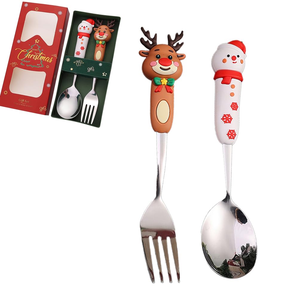 HASTHIP® Christmas Spoon and Fork Gift Box Set, 2Pcs Golden Stainless Steel Food Grade Festive Tableware, Santa & Christmas Tree Topper Design, Christmas Gift House Gift