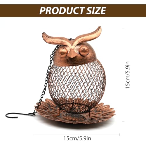 HASTHIP® Outdoor Bird Feeder Garden Ornament Hanging Metal Mesh Wire Owl Bird Feeder with Floral Bottom Tray Decorative Garden Ornament, 14.5x15cm