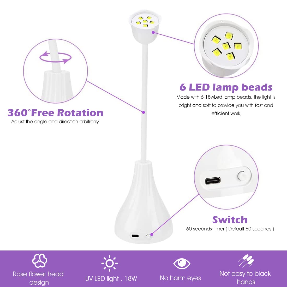 MAYCREATE Portable USB UV LED Nail Lamp with 6 LED Beads and Flexible Neck | 18W Quick Gel Polish Dryer for Women