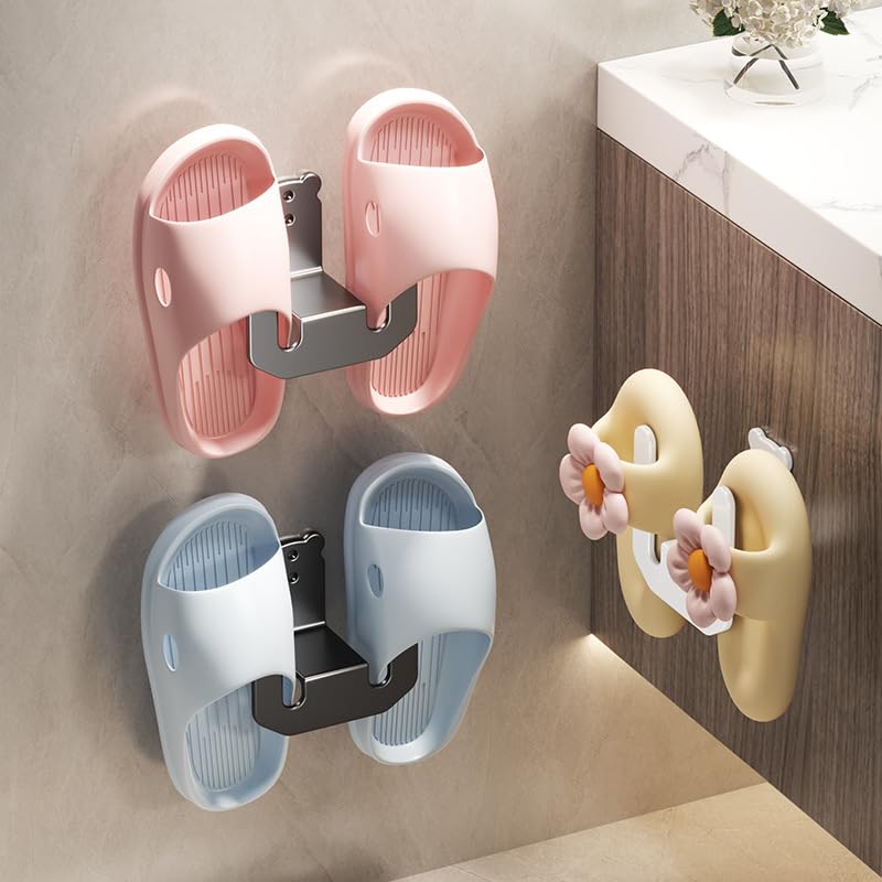 HASTHIP® 2Pcs Slippers Holder Drain Racks No Drill Carbon Steel Adhesive Slippers Drying Rack for Bathroom, Space Saver Bathroom Slippers Dual-Hook Design Wall Organizer Holders