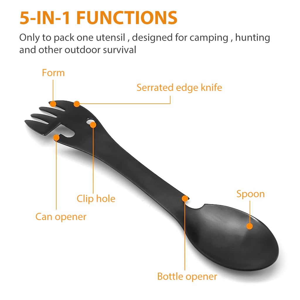 Optifit® 5-in-1 Camping Cutlery for Camping Picnic Hiking Trekking, Outdoor Dual Head Spork, Multifunctional Camping Utensil with Can Opener, Bottle Opener, Saw Cutter, Camping Accessories