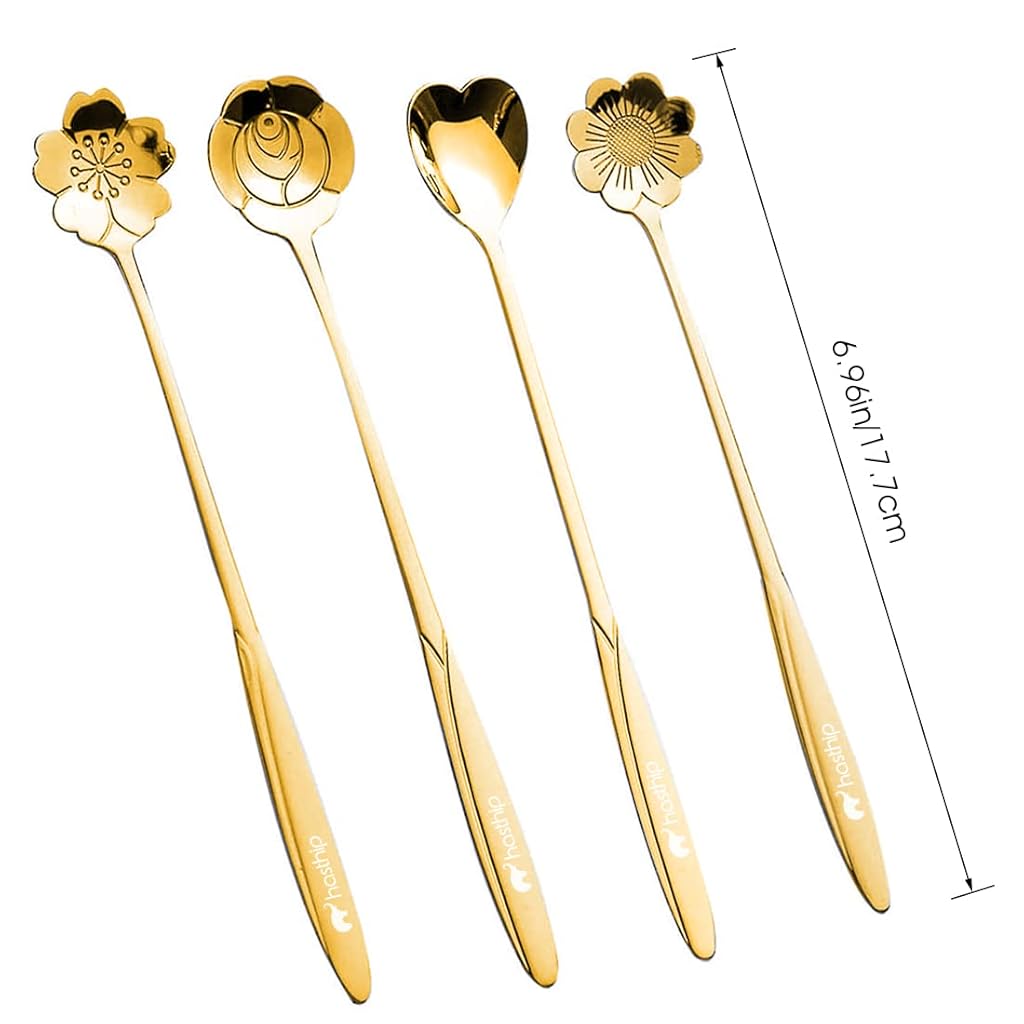 HASTHIP® Stainless Steel Gold Flower Shape Coffee Spoon with Package Bag (18cm,Pack of 2)