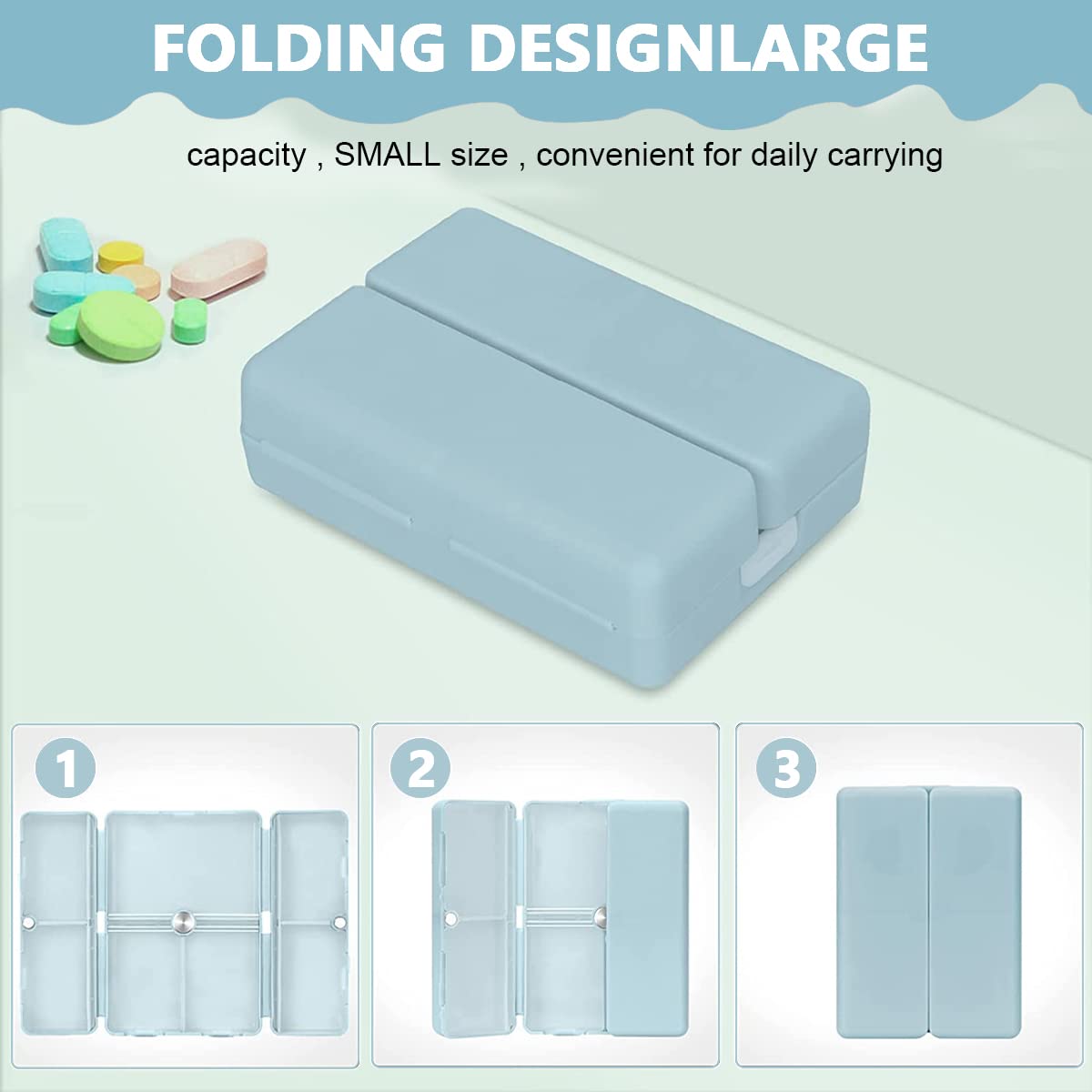 HANNEA Pill Organizer for Travel with 7 Compartments Featuring Folding Design Blue 2PCS