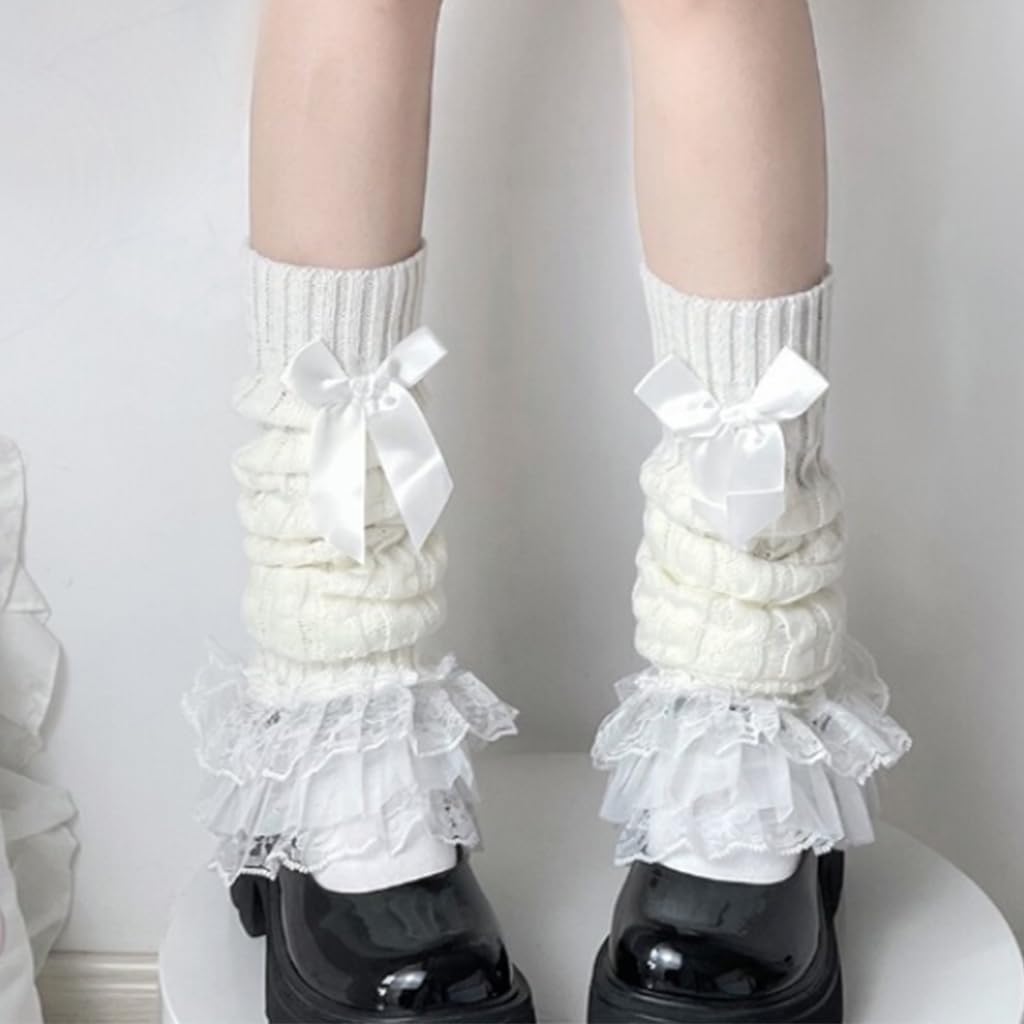 SANNIDHI Leg Warmers for Women featuring 18 in Knit Design with Bow and Floral Lace Trim