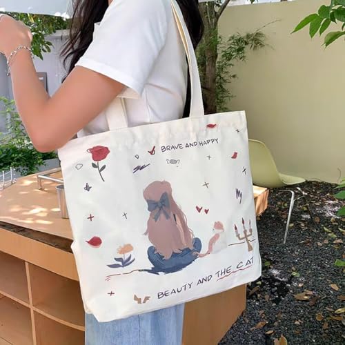 ZIBUYU® Cotton Canvas Tote Bag for Women Reusable Happy Girls Shopping Bag with Graphic Print, Foldable & Washable for College, Beach, Work & Daily Use (White, 1 Pc)