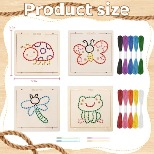 PATPAT® Montessori Wooden Lacing Toys for Kids Ages 2-7, Sewing Kit Threading Board Fine Motor Skills Activity, Transportation Theme Educational Toy with 4 Templates, 10 Colorful Yarns, 4 Needles