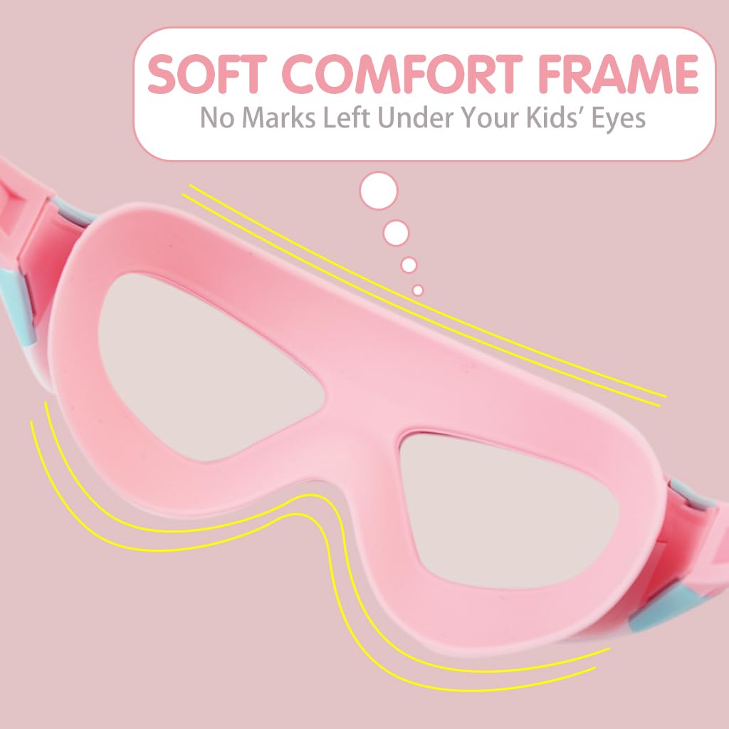 PROBEROS Swimming Goggles for Kids with Anti Fog UV lenses and Integrated Earplugs | Vibrant Pink Adjustable Strap