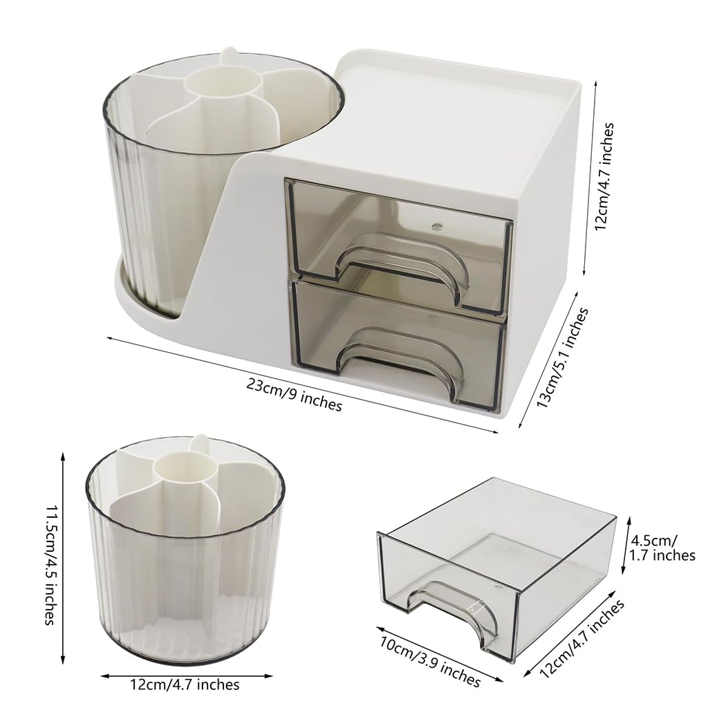 Zibuyu Study Table Organizer for Home and Office with 360° Rotating Compartments | White Desk Storage Box