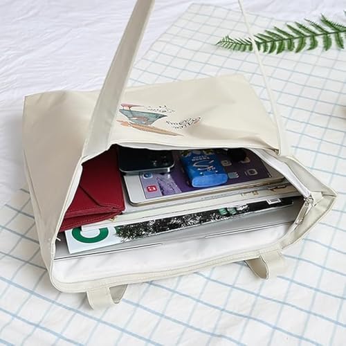 ZIBUYU® Cotton Canvas Tote Bag for Women - Reusable Straw hat Girl Shopping Bag with Graphic Print, Foldable & Washable for College, Beach, Work & Daily Use (White, 1 Pc)