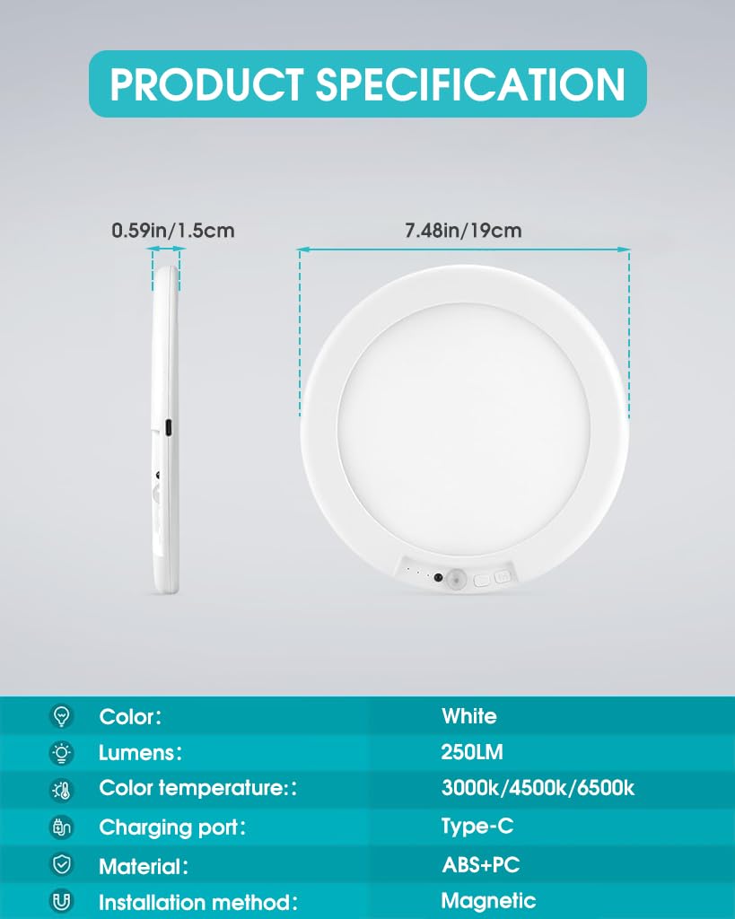 ELEPHANTBOAT LED Ceiling Light for Hallway and Stairs with PIR Motion Sensor | 7.5 in 3 Color Dimmable Rechargeable Design