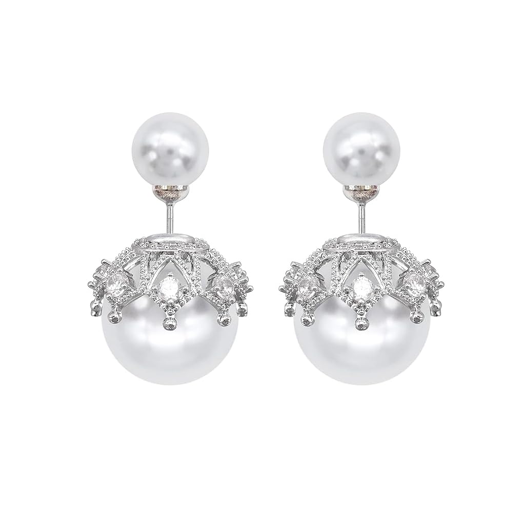 ZIBUYU Pearl Earrings for Women featuring Double Sided Studs with Rhinestones & Crystal Design