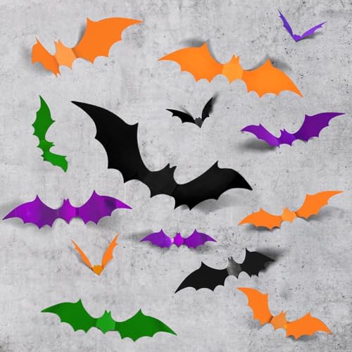 HASTHIP® 72PCS Halloween Bats Decoration 4 Sizes Realistic PVC Black Purple and Orange 3D Bat Stickers for Summerween Home Decor DIY Wall Decal Indoor, Outdoor Halloween Party Supplies