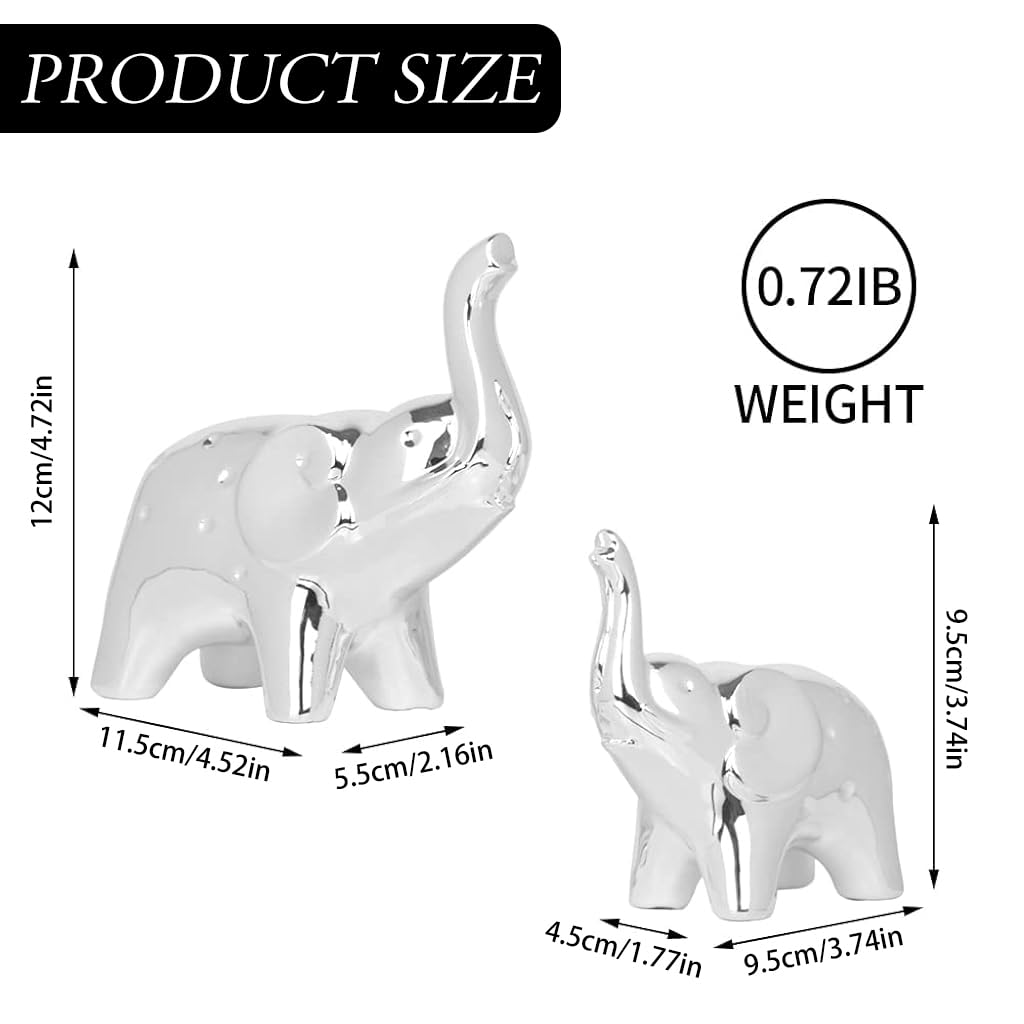 HASTHIP Elephant Statue Pair for Home and Office Decor featuring Silver Finish | 11.5cm and 9.5cm Ceramic Figurines