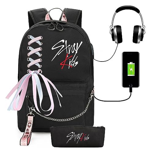 PALAY® K-pop Stray Kids Letter Prints 15'' School Backpack with Cloth Pencil Case Travel Backpack for Girls Black Large Backpack for School, Travel Bag Stray Kids Merchandise School Backpack for Girls