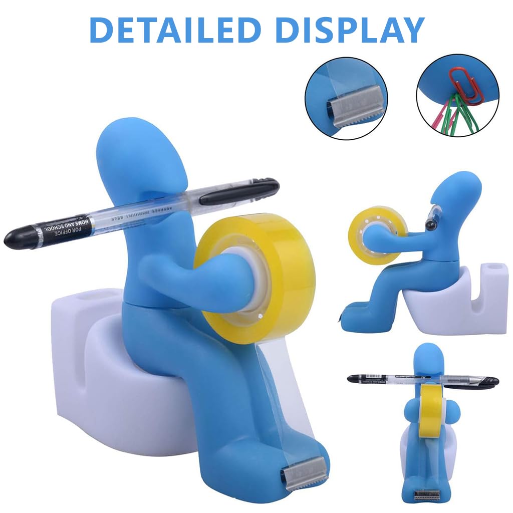OFIFO Tape Dispenser for Office Desk with Pen and Sticky Notes Holder | Fun Blue Organizer Decor Gift