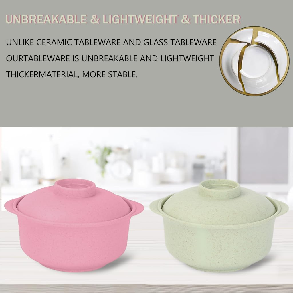 Supvox Cereal Bowls for Rice and Soup with Lid & Spoon 2 Pcs Wheat Straw Fiber Pink & Green