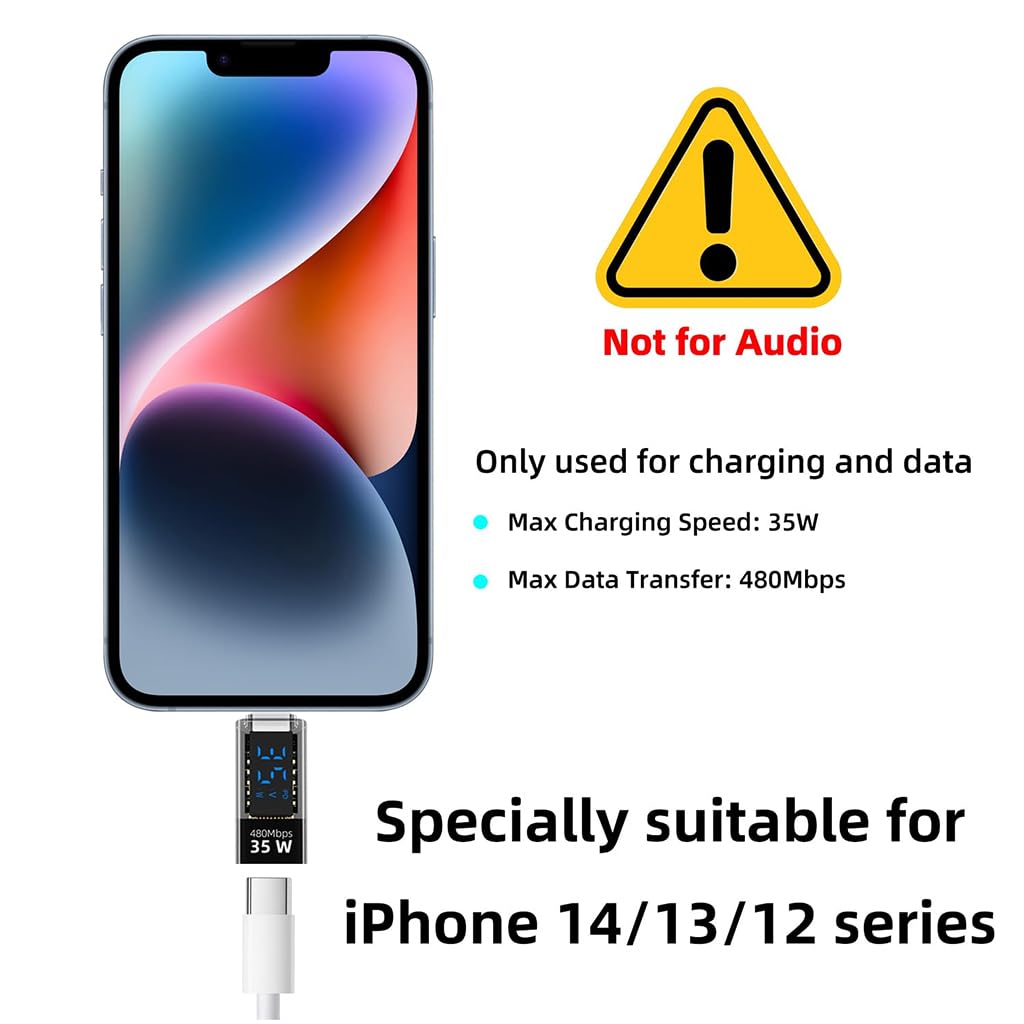 Verilux® USB C to Light-ning Adapter with LED Display, Support PD 35W Fast Charging & 480Mbps Data Sync Real Time Power Display Universal USB C to Light-ning Connector for iPhone/iPad/iPod