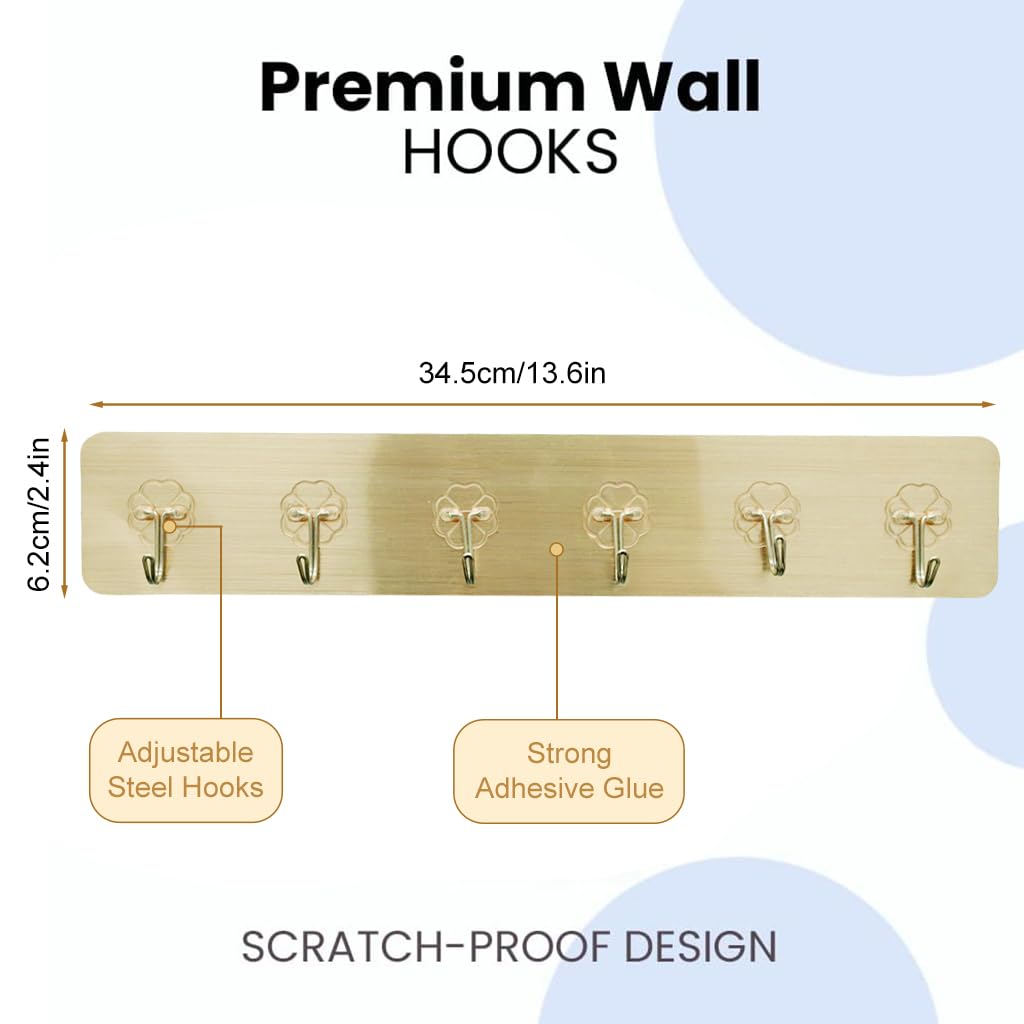 Zibuyu Adhesive Wall Hook for Bathroom and Kitchen with 6 Hooks featuring No-Drill PVC Metal Design
