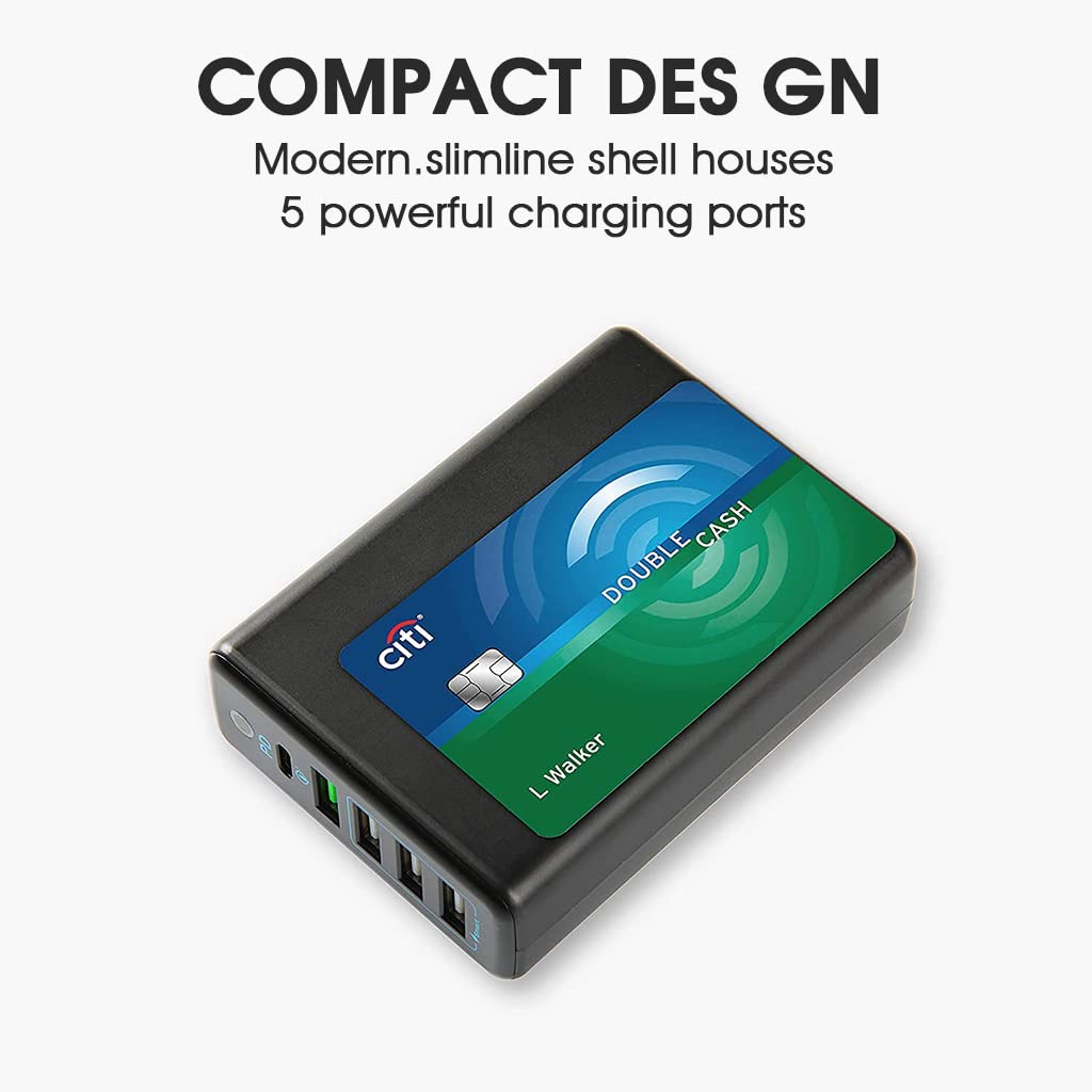 Verilux® 60W Fast Charger, 20W PD Charger & 4 Smart Fast Charging USB Ports, 5 in 1 Multi Charger Charging Station, Multi USB PD Charger for Phones, Smartwatches, Tablets, MacBook, iPad (Cable 5.3Ft)