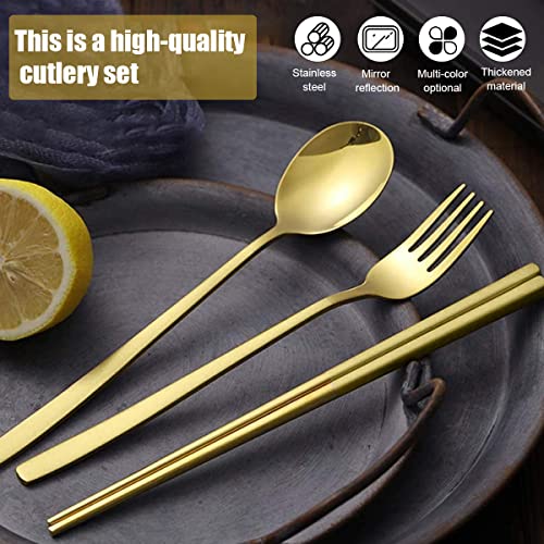 Supvox® 410 Stainless Steel Knife Fork Spoon Chopstick Set, Portable Travel Utensil Flatware Sets with Case, 4Pcs Spoon Fork Knife Chopstick for Picnic Camping Travel & Outdoor Lunch (Gold)