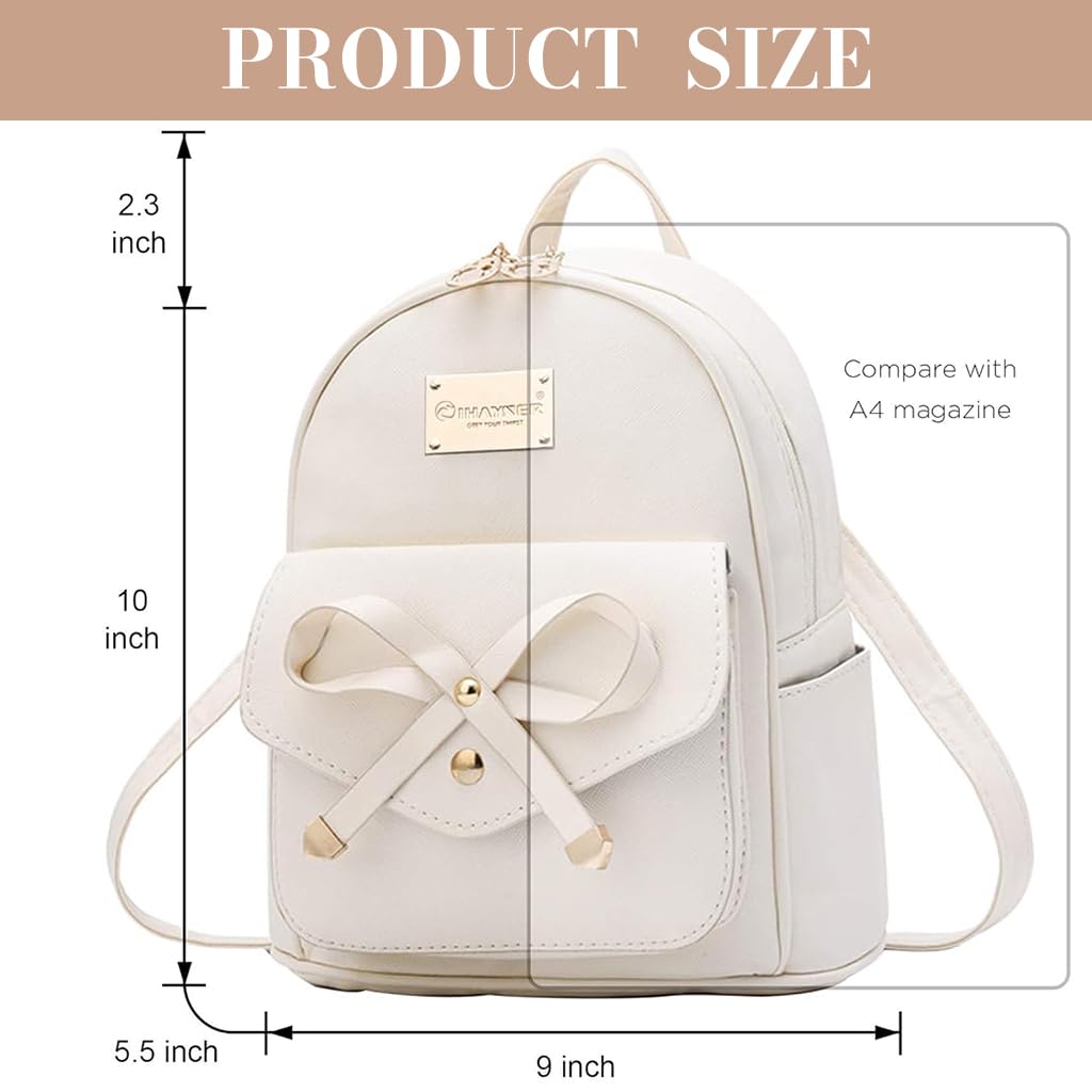 PALAY Girls Leather Backpack for School and Travel with Dual Zippers 22x13x24cm | White Bowknot Purse