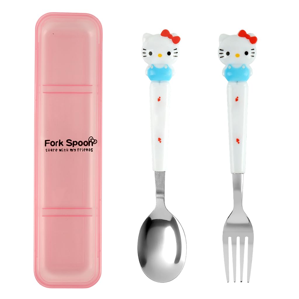 Supvox Cute Kitty Charm Spoon & Fork Combo Set for Kids and Adults 7.87 in | Stainless Steel with Storage Case