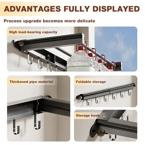 HASTHIP® Folding Bathroom Towel Rack Dual Row Laundry Rack with 6 Hooks, No Drill Aluminum Steel Wall Hanging Storage Rack Fashion Minimalist Utility Storage Rack for Bathroom, Balcony, 30.8x70cm
