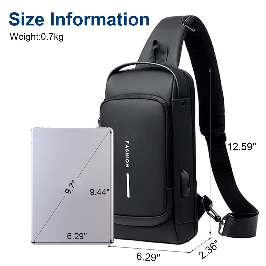 ZIBUYU Chest Bag for Men Waterproof Anti Theft Backpack Small Sling Bag for Men Travel Oxford Cloth with Safety Password Lock USB Port Crossbody Bag for Men Outdoor, Black