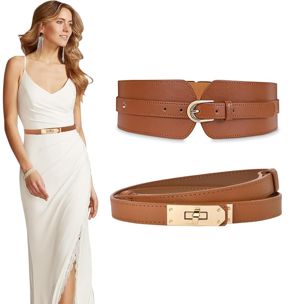 PALAY Brown PU Waist Belt Combo for Dresses with Metal Buckle and Turn Lock | Fits 23–37 in