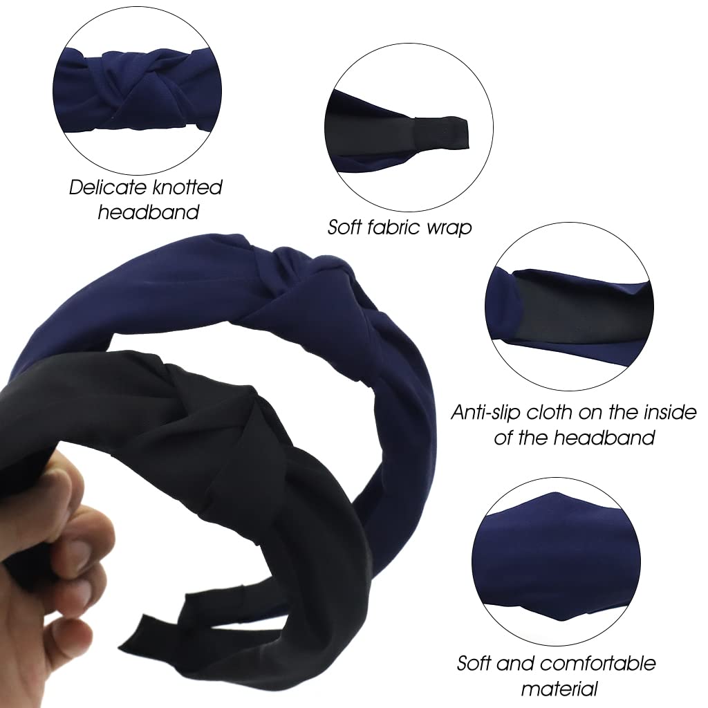 ZIBUYU Hairband for Women featuring Knotted Non Slip Design and 2 Pcs Black & Dark Blue Set